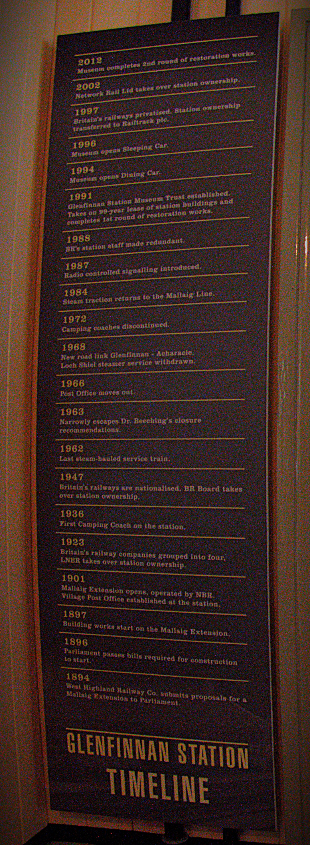 A time line relating to Glenfinnan Station. The title appears at the bottom and the dates are listed upwards. From bottom to top those dates are: 1894 West Highland RailwayCo. submit proposals for Mallaig Extension to Parliament. 1896 Parliament Passes Bill for Construction to Start. 1897 Building works start on the Mallaig Extension. 1901 Mallaig Extension opens. 1923 Britain's Railway companies are grouped into four, LNER takes over station ownsership. 1936 first camping coach at the station. 1947 Britain's railways are nationalised. BR Board takes over station ownership. 1962 last steam-hauled train. 1963 Narrowly escapes Dr Beeching's closure recommendations. 1966 Post Office moves out. 1968 new road link Glenfinnan to Acharacle. Loch Shiel steamer service withdrawn. 1972 Camping coaches disconnected. 1984 steam traction returns to Mallaig line. 1987 radio controlled signalling introduced. 1988 BRs station staff made redundant. 1991 Glenfinnan Station Msueum Trust established, takes onj 99 year lease of station buildingss and completes 1st round of restoration works. 1994 Museum opens dining car. 1996 Museum opens sleeping car. 1997 Britain's railways privatised, station ownership transferred to Railtrack PLC. 2002 Network Rail Ltd takes over station ownership. 2012 Museum completes 2nd round of restoration works.
